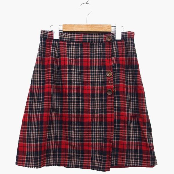 ポンデシャロン PONT DE CHALONS ラップ スカート 台形 膝丈 チェック 柄 ピン装飾...