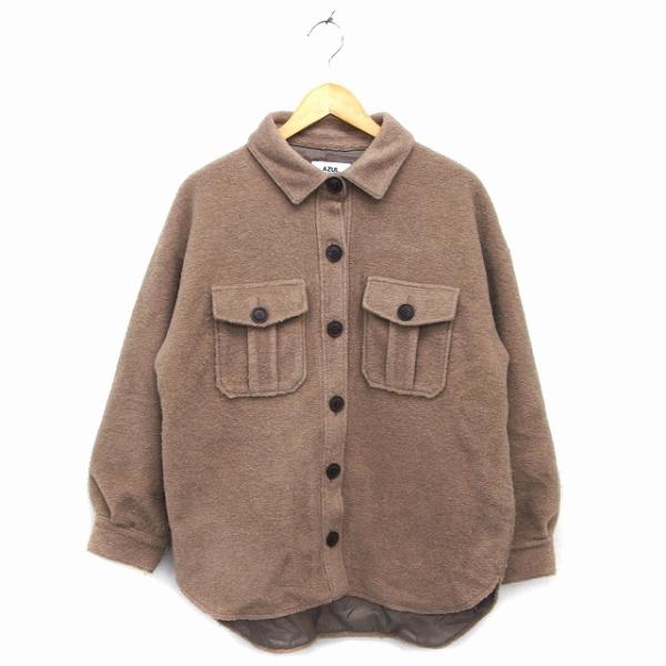 アズールバイマウジー シャツジャケット ステンカラー オーバーサイズ タック M 茶 ブラウン /N...