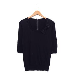 ウィルセレクション WILLSELECTION チュニック ニット 七分袖 Uネック リボン ビジュー 1 ブラック 黒 /KT21 レディース