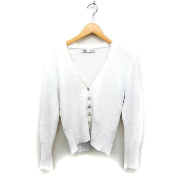 ザラ ZARA ニット カーディガン Vネック ビジューボタン ふわふわ L ホワイト 白 /FT1...