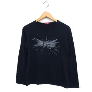 ユーピーレノマ U.P renoma プロント Tシャツ カットソー 長袖 丸首 ロゴ ビーズ装飾 Lブラック 黒 /FT22 レディース