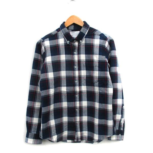 インヘリット INHERIT ボタンダウン シャツ 長袖 コットン チェック 36 ネイビー 紺 /...