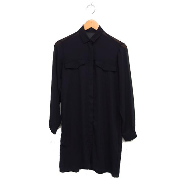 ザラ ベーシック ZARA BASIC シアー シャツ ワンピース 長袖 ひざ丈 無地 XS ブラッ...