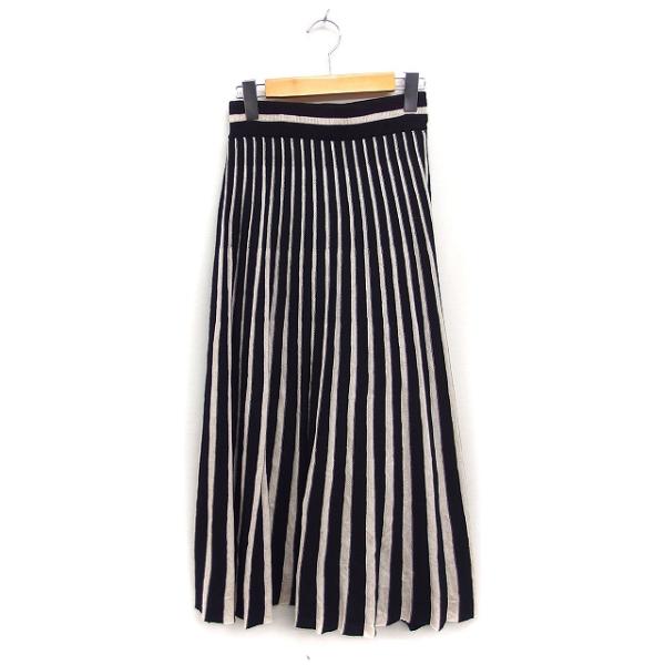 未使用品 キュー Q タグ付き ニット フレアスカート ストライプ ロング丈 ウール混 2 ブラック...