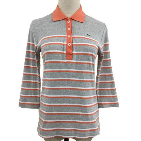 ラコステ LACOSTE ポロシャツ プルオーバー ボーダー 刺繍 七分袖 42 グレー ピンク レ...