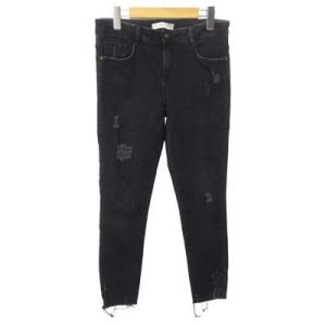 ザラ ベーシック ZARA BASIC パンツ デニム スキニー カットオフ ダメージ加工 40 黒...