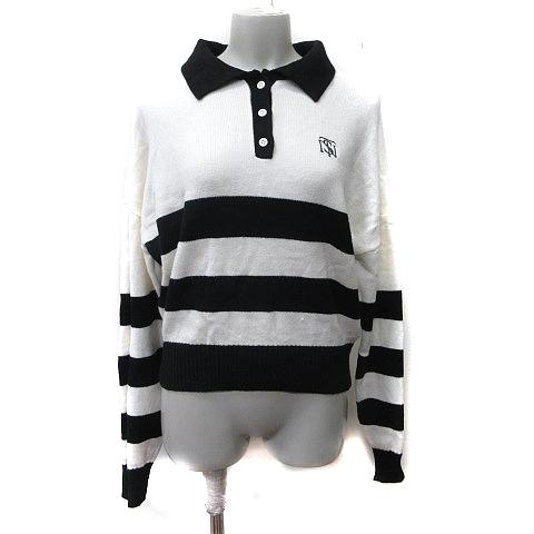 レトロガール RETRO GIRL ポロシャツ ニット ボーダー 長袖 刺繍 F 白 ホワイト 黒 ...