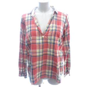 ピンクアドベ pink adobe シャツ ブラウス スキッパーカラー ロールアップ チェック 長袖 M 朱色 オレンジ /AU ●RY レディース