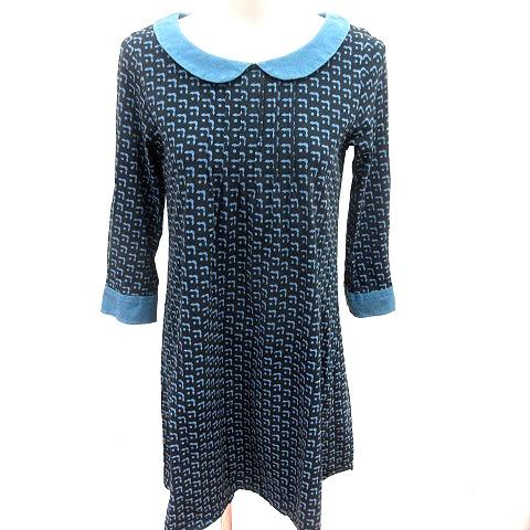 オーラカイリー orla kiely ワンピース Aライン ひざ丈 長袖 総柄 M 黒 ブラック 青...