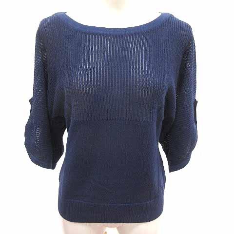 アンタイトル UNTITLED ニット カットソー 透かし編み 七分袖 ウール 2 M 紺 ネイビー...