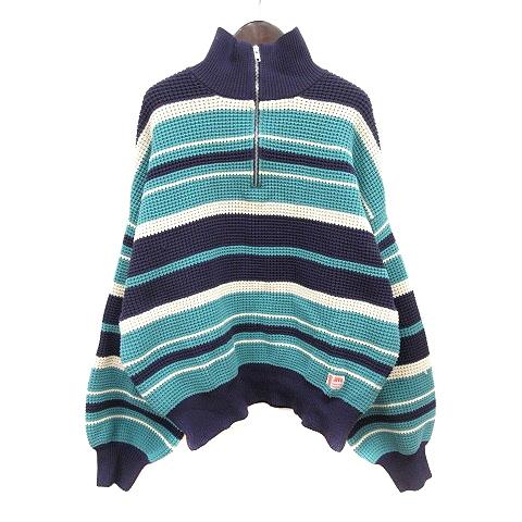 ジャバ JaVa ニット セーター ハイネック ハーフジップ ボーダー 長袖 M 水色 ライトブルー...