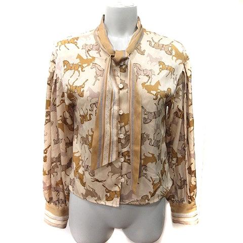 リリーブラウン Lily Brown ブラウス ボウタイ リボン 長袖 総柄 F ベージュ /YI ...