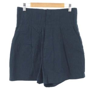 B&Y ユナイテッドアローズ 6 パンツ キュロット ショート ストライプ タック ジップフライ リネン混 麻混 シルク混 36 紺 レディース