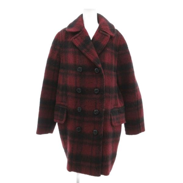 コーチ COACH ロングコート ダブル チェック メルトン アルパカ混 S 赤 レッド 黒 ブラッ...