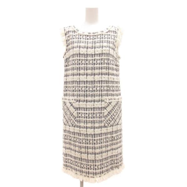 ルネ Rene MALHIA KENT ノースリーブワンピース ツイード フリンジ ひざ丈 34 白...