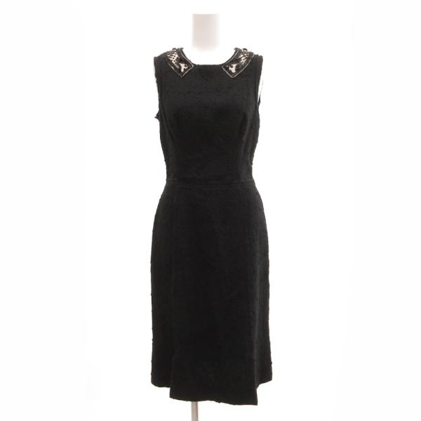 プラダ PRADA ツイードワンピース ノースリーブ ビジュー リネン混 ひざ丈 40 黒 ブラック...