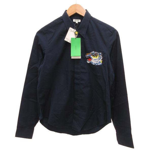 未使用品 ケンゾー KENZO 虎刺繍 シャツ ラウンドカット カジュアル 長袖 38 紺 ネイビー...