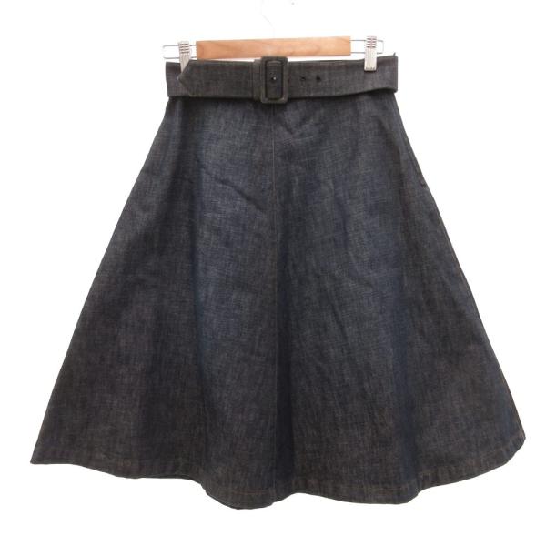 プラダ PRADA デニムスカート ひざ丈 ベルト サイドジップ 40 インディゴブルー /JS ■...
