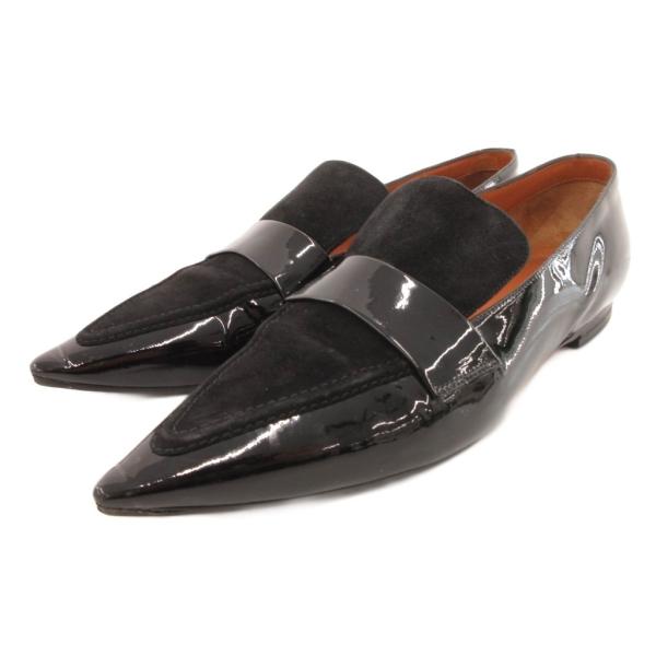 セリーヌ CELINE ローファー スリッポン ポインテッドトゥ パテント スエード 38 黒 ブラ...