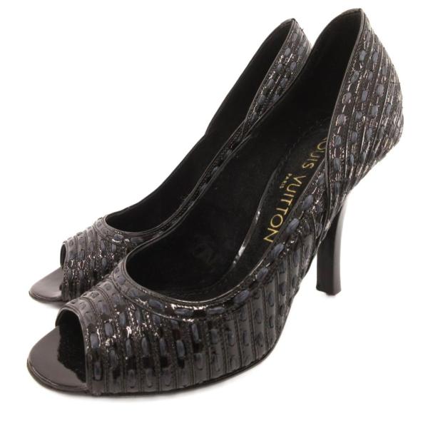 ルイヴィトン LOUIS VUITTON オープントゥパンプス エナメルレザー ペーパー編み込み 3...