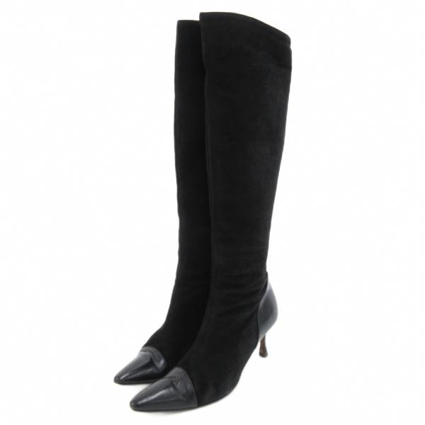 マノロブラニク MANOLO BLAHNIK ロングブーツ サイドジップ スエード レザー 37 黒...