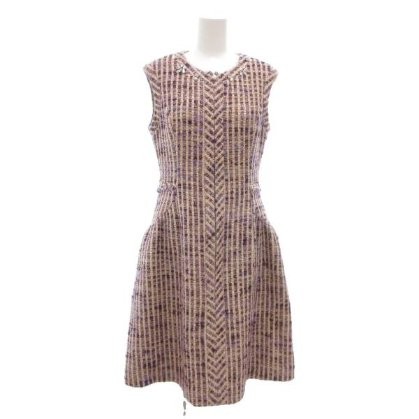 ルネ Rene 美品 TISSUE ツイード ノースリーブ ワンピース ビジュー 36 マルチカラー...