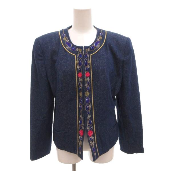 レオナール LEONARD FASHION デニム ノーカラージャケット シルク 絹 金ボタン ビジ...