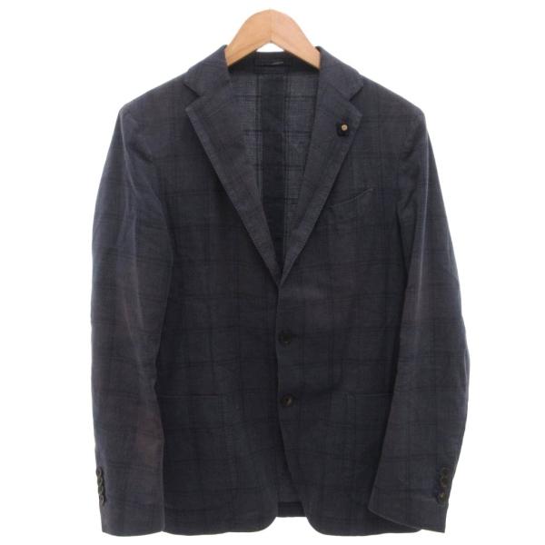 ラルディーニ LARDINI テーラードジャケット ブレザー チェック フラワーモチーフ 46 紺 ...