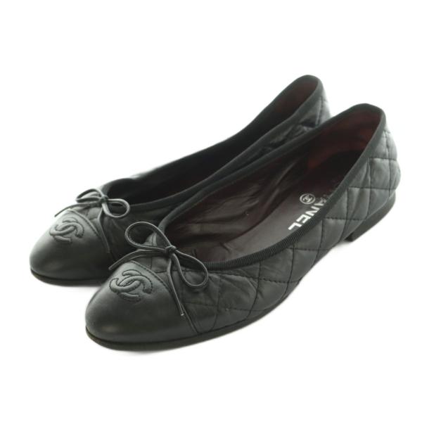 シャネル CHANEL バレリーナ フラットシューズ リボン キルティング レザー 36.5C 23...