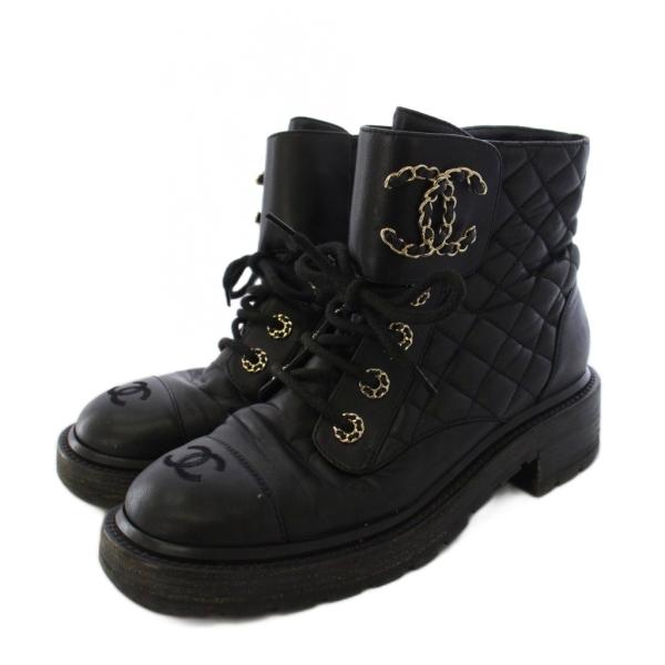 シャネル CHANEL ショートブーツ ココマーク マトラッセ キルティング レースアップ レザー ...