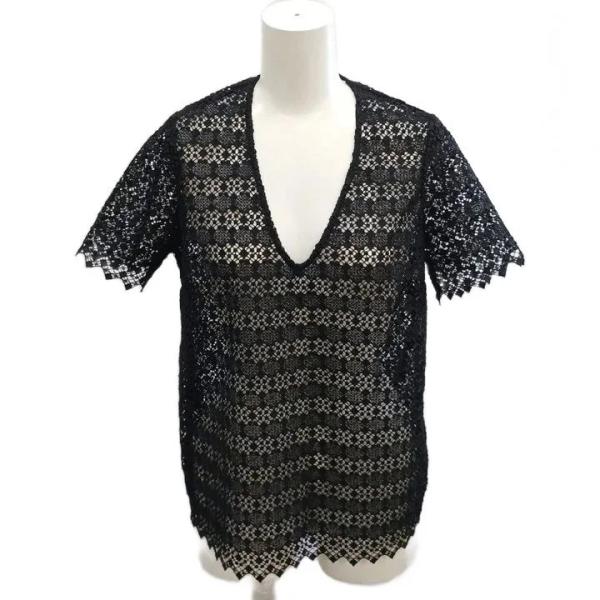 未使用品 サンドロ sandro カットソー Tシャツ トップス レース Vネック 半袖 黒 ブラッ...