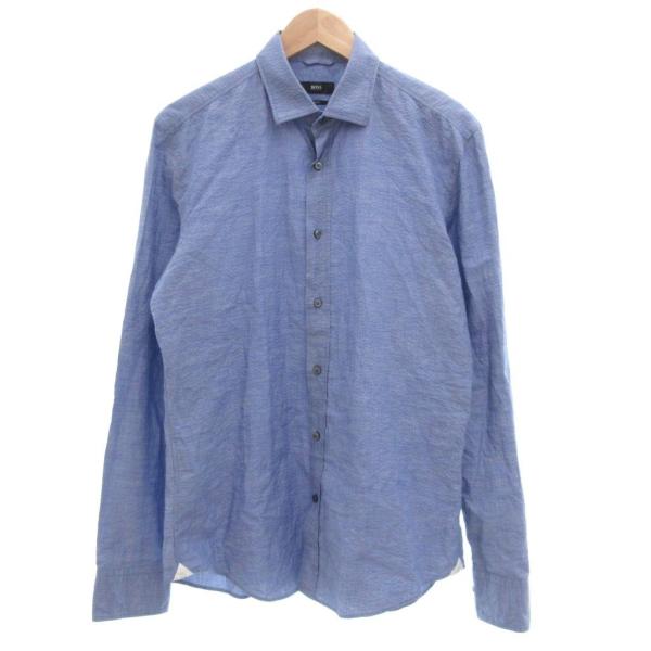 ヒューゴボス HUGO BOSS シアサッカーシャツ ラウンドカット 長袖 39 1/2 青 ブルー...