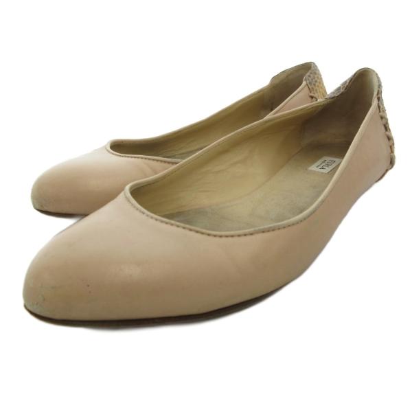 フルラ FURLA フラットパンプス アーモンドトゥ レザー パイソン切替 36 ピンクベージュ 茶...