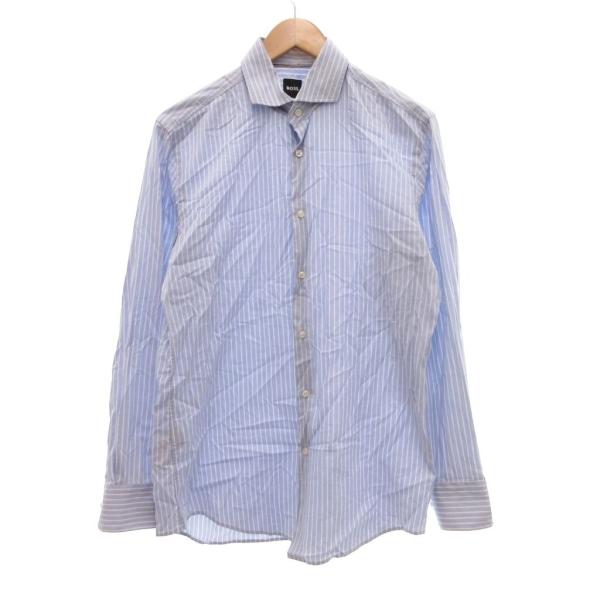 ヒューゴボス HUGO BOSS ストライプシャツ 長袖 ラウンドカット M ライトブルー 白 ホワ...