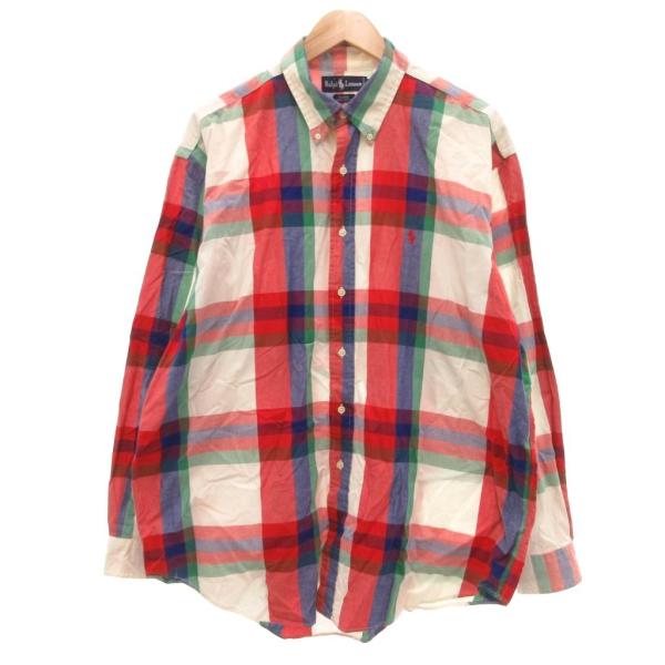 ラルフローレン RALPH LAUREN ボタンダウンシャツ 長袖 チェック柄 ポニー刺繍 XL 赤...