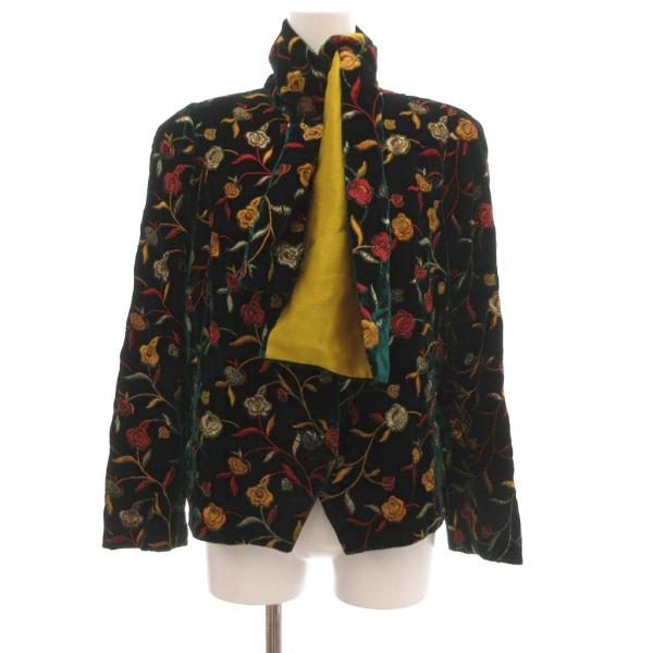 フローリオ FLORIO テーラードジャケット ベロア ジャガード 花がら刺繍 ボウタイ 42 緑 ...