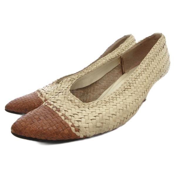 ランバン LANVIN パンプス シューズ メッシュレザー 編み込み 6 白 ホワイト 茶 ブラウン...