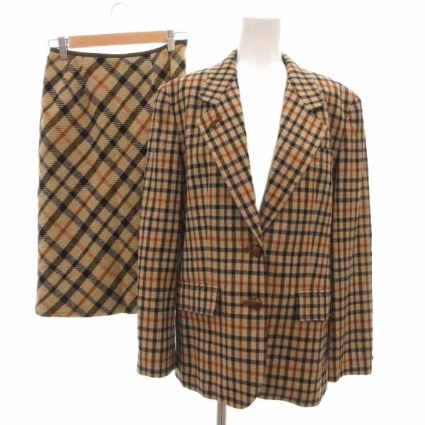 ダックス DAKS セットアップ スーツ ジャケット スカート チェック柄 9 ベージュ 茶 ブラウ...