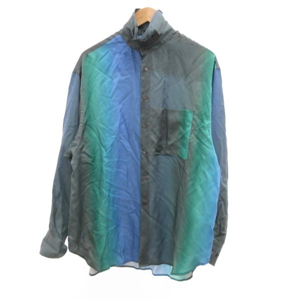 ジョンメイソンスミス JOHN MASON SMITH レーヨンシャツ シルク混 サテン L 青 ブ...