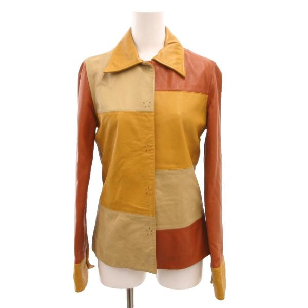 ファソナージュ Fa?onnage レザージャケット パッチワーク 38 黄 イエロー 茶 ブラウン...