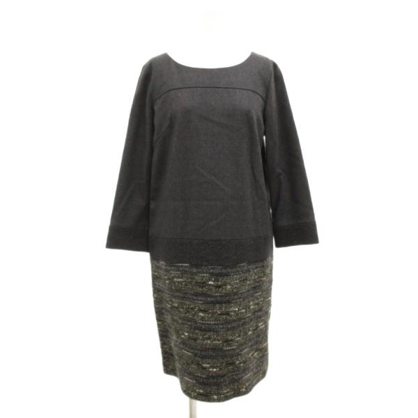 ロートレアモン LAUTREAMONT ニットワンピース 七分袖 ツイード切替 ラメ 40 グレー ...