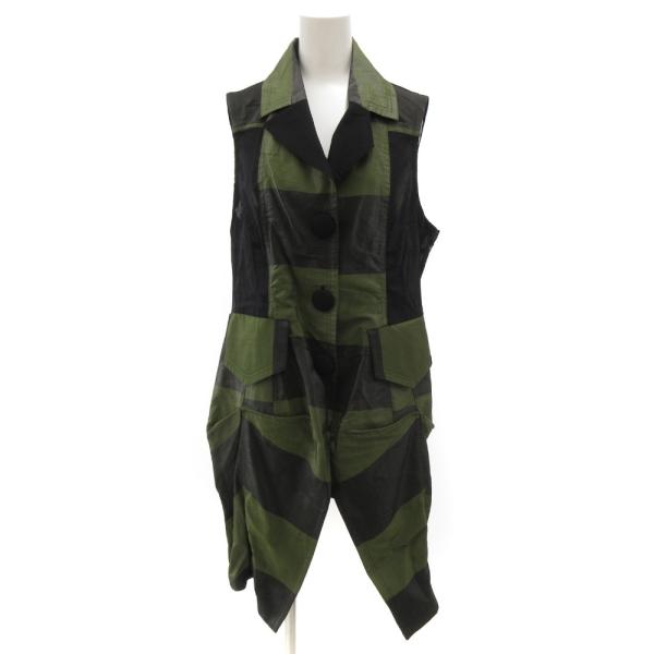 エイココンドウ EIKO KONDO ロングベスト コート 42 ボーダー 緑 グリーン 黒 ブラッ...