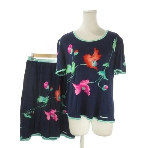 レオナール LEONARD FASHION セットアップ L 紺 ネイビー 花柄 半袖 ラウンドネッ...