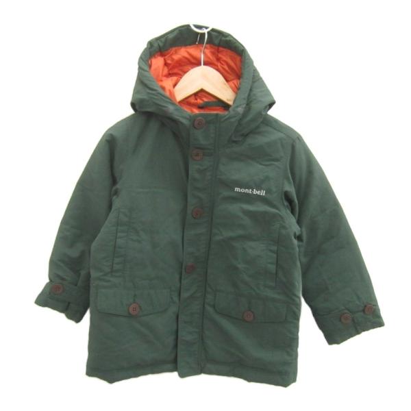 モンベル Montbell ダウンジャケット ミドル丈 120 カーキ 無地 フード付き ロゴ /S...