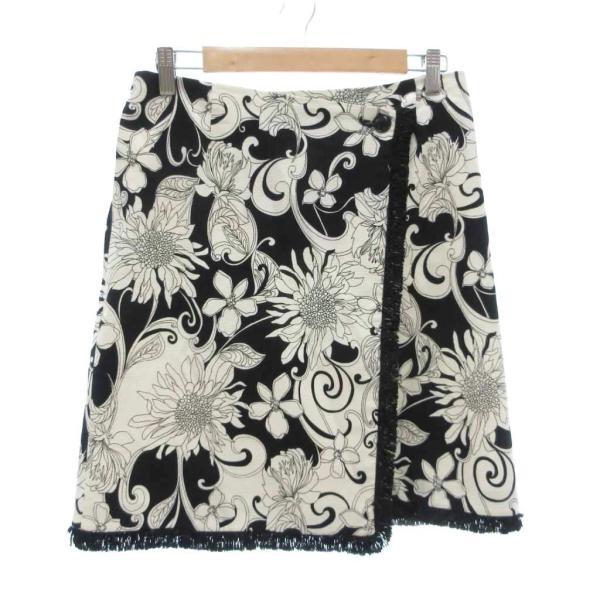 アドーア ADORE ラップスカート 36 白 ホワイト 黒 ブラック 花柄 フリンジ ひざ丈 /N...