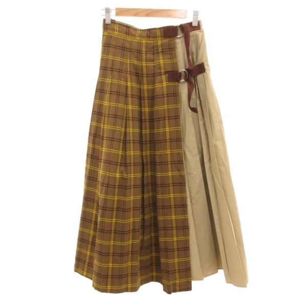 レイビームス Ray Beams ラップスカート プリーツ チェック柄 0 ベージュ 茶 ブラウン ...