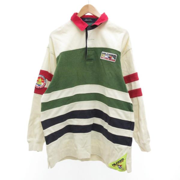 トミーヒルフィガー TOMMY HILFIGER ラガーシャツ 長袖 ボーダー ポロ L 白 ホワイ...