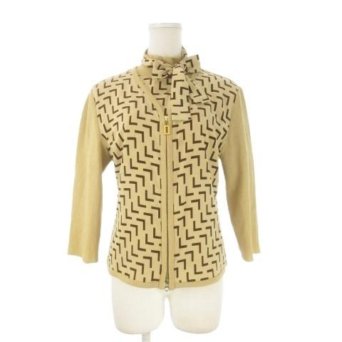 ランセル LANCEL アンサンブルニット L ベージュ 切替 幾何学柄 ボウタイリボン付き 七分袖...