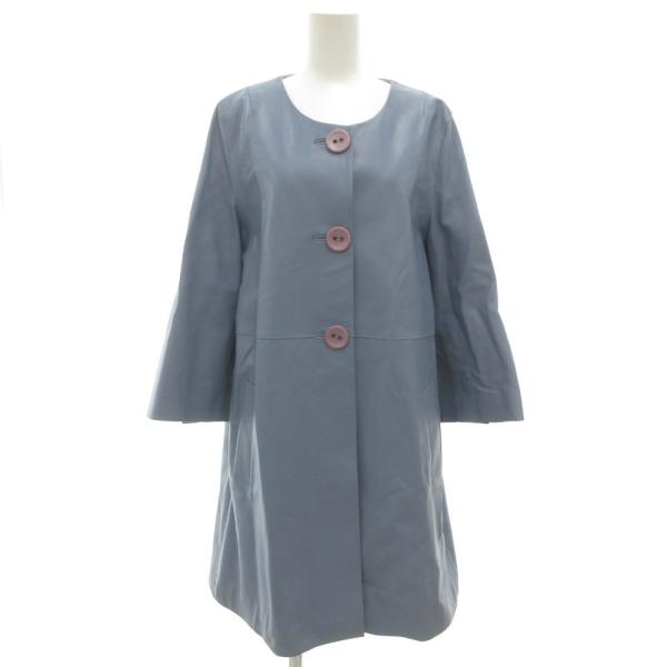 ノーブランド ラムレザーコート ロング ノーカラー L ライトブルー /JS ■GY61 レディース