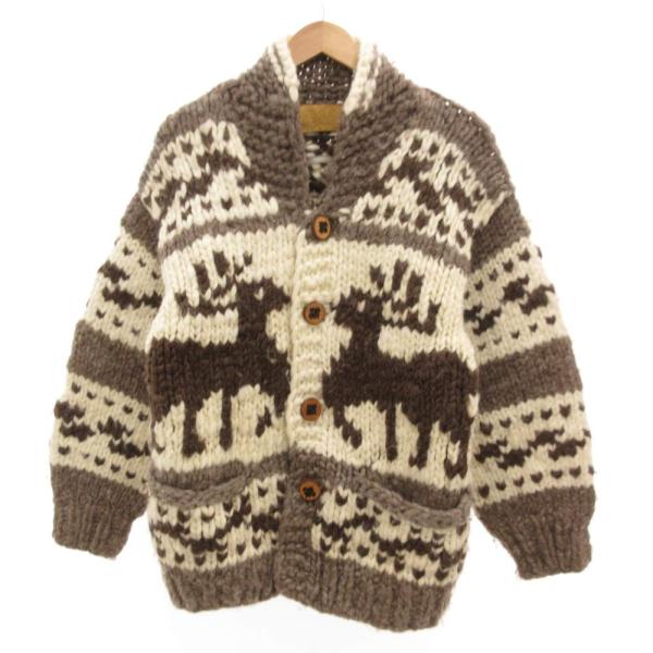 ノーブランド カナディアン カウチン セーター カーディガン 総柄 ウール 茶 ブラウン 白 ホワイ...